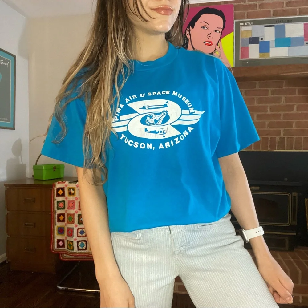 Vintage 90s Single Stitch Pima Air Space Museum Tuscon Arizona Tee Teal … - Picture 2 of 13